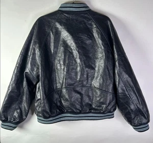 Jets Frans Varsity Faux Leather Bomber Jacket Sz Large - Black - Picture 1 of 5