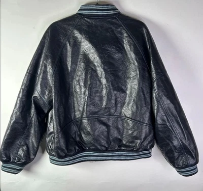 Jets Frans Varsity Faux Leather Bomber Jacket Sz Large - Black - Image 1 of 4