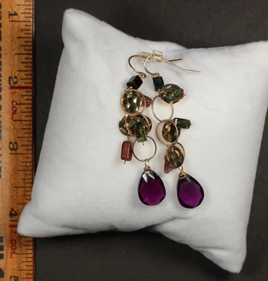 Pendientes Colgantes Oro 14K - Gotas Estilo Turmalina y Amatista, Diseño Artesanal Foto 1 de 4