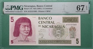 1991 NICARAGUA 5 CORDOBAS P# 174 PMG 67 EPQ GEMMA UNC - Foto 1 di 3