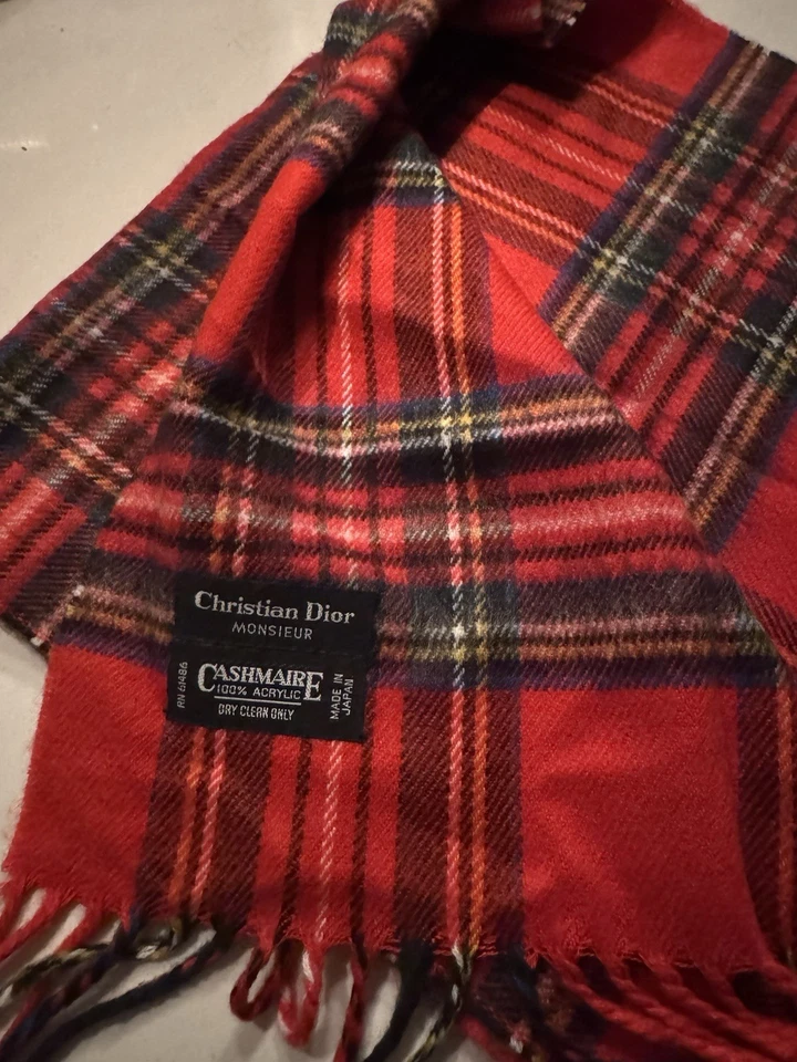 Christian Dior Vintage Cashmaire Fringed Red Plaid 100% Acrylic Scarf Holiday - Image 1 of 3