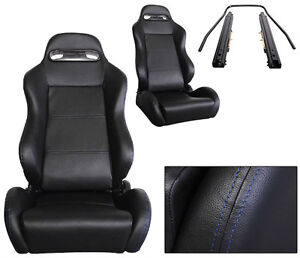 NEW 2 BLACK PVC LEATHER + BLUE STITCH & SLIDER RACING SEATS RECLINABLE FOR DODGE