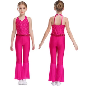 Kids Girls Jumpsuit Bell-Bottom Bodysuit Hip Hop Leotard Shiny Rompers Dance - Picture 1 of 65