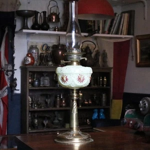 Victorian Brass Oil Lamp with Painted Glass Reservoir – 26" - Picture 1 of 10
