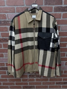 Auténtica sobrecamisa Burberry de algodón de lana a cuadros con parche de cuero marrón talla grande - Imagen 1 de 18