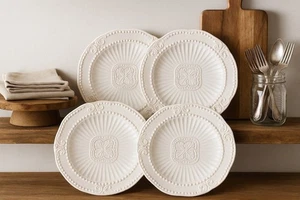 American Atelier Baroque White Beaded Salad Plates 8” Set of 4 Farmhouse Dinner - Picture 1 of 5