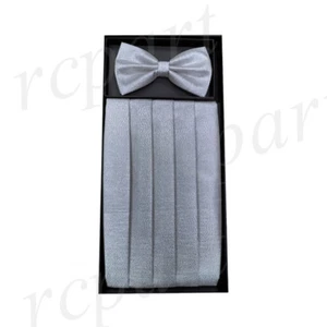 NUEVO en caja 100% poliéster brillo Cummerbund y pajarita conjunto boda plata - Imagen 1 de 4
