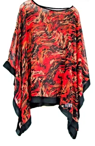 ELENA SOLANO WM 3X Scarf Hem Chiffon RED / BLACK Top Batwing Blouse Kaftan BOHO - Picture 1 of 4