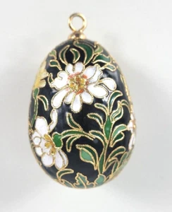 Vintage Cloisonne Textured Enameled Floral Black White Green Gold Egg Ornament - Picture 1 of 4