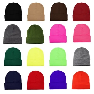 Unisex Plain Warm Knit Beanie Hat Cuff Skull Ski Cap - Picture 1 of 43
