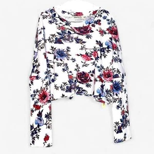 Liberty Love Women's White Floral Crop Top Size L Long Sleeve Drawstring Waist - Picture 1 of 5
