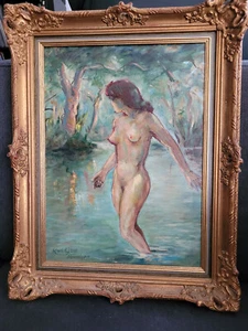 Ölgemälde Erotika weiblicher Akt im Fluss signiert, vintage - Bild 1 von 17