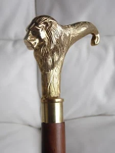 Classic Style Brass Lion Head handle Brown Wooden Walking Stick handmade Cane - Picture 1 of 5