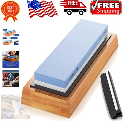 Non-Slip Bamboo Whetstone Knife Sharpener with Angle Guide & Grit 1000/6000 - Image 1 of 4