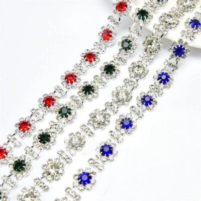 90cm Beaded Flower Rhinestone Edging Trim Crystal Chain Wedding Applique Sew On - Image 1 of 4
