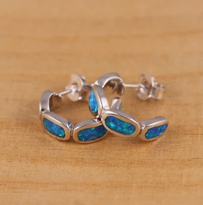 925 Sterling Silver  Blue Opal Open/Half Hoop Earrings 16mm Diameter  GifBoxed - Image 1 of 4