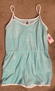 JUICY COUTURE Women’s Medium Aqua Blue Velour Romper Elastic Waist Pockets NWT - Picture 1 of 10