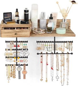Jewelry Organizer Hanging Wall Mounted Jewelry Holder with Rustic Wood Drawer & - Picture 1 of 12