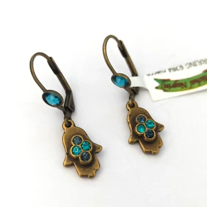 Michal Negrin Hamsa Earrings Blue Crystal Hand of Fatima Small Dainty Gift Box - Picture 1 of 11