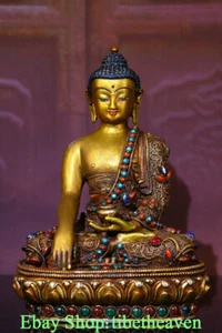 8,2 Zoll alte Tibet Silber Gold Intarsien Edelsteine Malerei Shakyamuni Amitabha Buddha Statue - Bild 1 von 9
