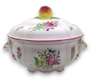 Antique French Faience Reverbere Fin Floral Tureen With Lid Apple Knob - Picture 1 of 11