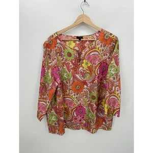 Talbots Blouse Women XL Pink 70s Retro Silk 3/4 Sleeve Lightweight Top Floral - Picture 1 of 8