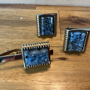 Vintage Pair Cufflinks & Matching Tie Bar 1960s Gold Tone with Multi Gray Stone - Picture 1 of 3