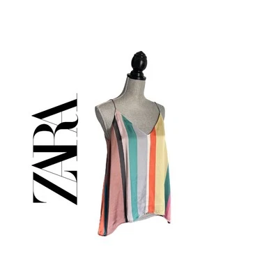 Camiseta sin mangas Zara multicolor a rayas forrada de satén sin mangas cuello en V para mujer talla S Foto 1 de 4