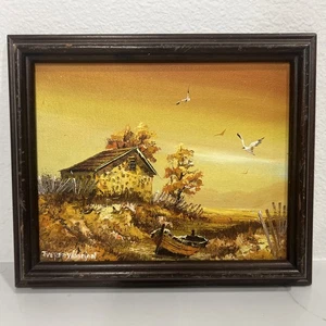 Everett Woodson Gemälde Öl Leinwand gerahmt signiert Boot Strand Haus 12” x 10” - Bild 1 von 7