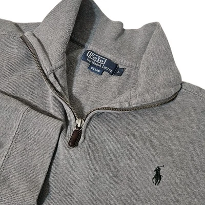 Polo Ralph Lauren Mens L 1/4 Zip Knit Pullover Sweater Gray Leather Pull - Image 1 of 4