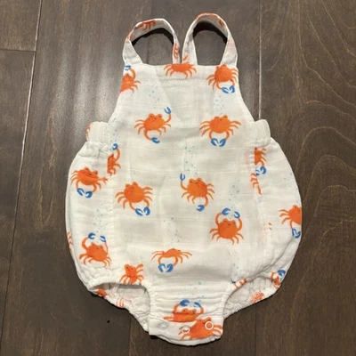 Angel Dear Baby Romper 0-3 Months Organic Cotton Muslin Crab Print Snaps Summer - Image 1 of 4
