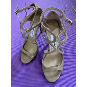 $850 Jimmy Choo Sandals Beige Patent leather Heels Size 37.5 NEW Made in Italy - Picture 1 of 14