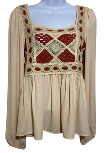 Top Campesino Boho Patchwork Crochet Mujer Grande Beige Manga Larga Cuello Cuadrado - Imagen 1 de 12