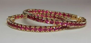 14k Yellow Gold Natural Pink Sapphire Hoop Earrings Pre-Owned - Picture 1 of 6