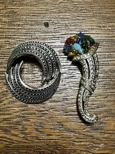 Lot of 2 Silver Marcasite & Colored Faceted Glass Brooches - Picture 1 of 7