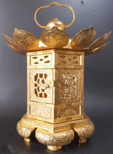 JAPANESE BUDDHIST LARGE BRASS HANGING LANTERN GOLD 10 inch / 25.5 cm Width USED - Picture 1 of 18
