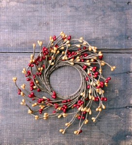 Candle Ring Red Tan Pip Berries Primitive Artificial Floral 2.5 inch for Votive - Picture 1 of 4