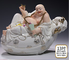 13" Dehua Porcelain Gild Bat Fu Money Bag Happy Laugh Maitreya Buddha Statue