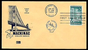 1109 3c Stamp (1958) THE MACKINAC BRIDGE OPENING FDC BY KOLOR KOVER CACHETS !!! - Picture 1 of 1