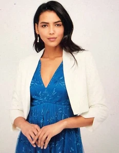 NEW MONSOON Juni Cropped Blazer UK 14 / AU 14 Ivory Open 3/4 Sleeve Chic Formal - Picture 1 of 17