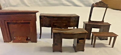 复古 Renwal 梳妆台、梳妆台、自助餐、长凳娃娃屋微型棕色 — 第 1/4 张图片