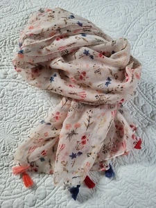 Lightweight  Scarf with  Fringe Flowers Blue Pink Orange Unbranded EUC - Picture 1 of 6