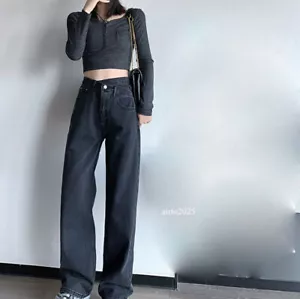 Women Cotton Blend Denim Trousers Cargo Pants High Waist Straight Wide Leg Jeans - Picture 1 of 21