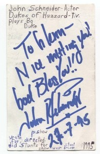 John Schneider Signed 3x5 Index Card Autographed Signature Dukes of Hazzard