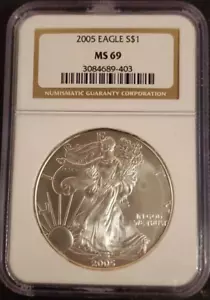 2005 NGC MS69 HERALDIC SILVER EAGLE CLASSIC BROWN LABEL S$1 - Picture 1 of 5