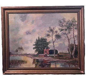 Antikes Öl/Tafel Gemälde Landschaft Bauernhaus Landschaft gerahmt Künstler signiert - Bild 1 von 9