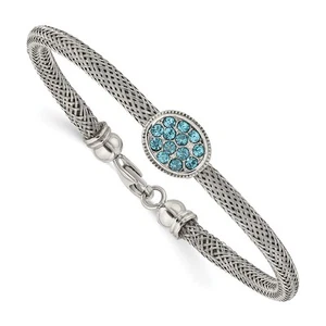 Stainless Steel 7.25in Polished and Textured Blue Crystal Bracelet - Picture 1 of 5