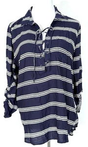 Beach Lunch Lounge Womans Size L Navy Blue Stripes Nautical Beach Vacation - Picture 1 of 14