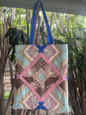 Handmade Upcycled Vintage Quilted Tote Bag Lined Pink Blue Brown Cotton - Image 1 of 3