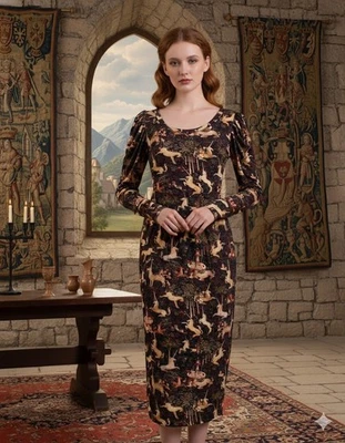 NWT Samantha Pleet Regal Midi in Midnight Tapestry Print Jersey Dress L - Image 1 of 4